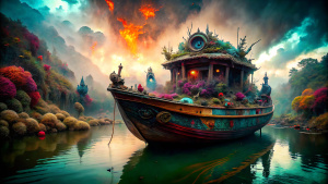 Boat, in the style of otherworldly special effects makeup, digital photography, advertising photography, saturated colors, characterful animal portraits, monochromatic color schemes, supernatural creatures 