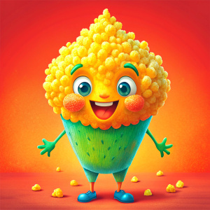 cartoon character - grain of corn popcorn in different poses, kind, cute, cheerful. drawing with colored pencils on a white background