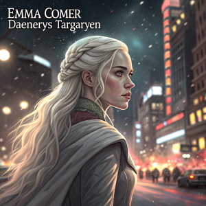 Emma Comer as Daenerys Targaryen in a fierce pose. She has long, platinum blonde hair. The background is a bustling cityscape at night. French text overlays the image.
