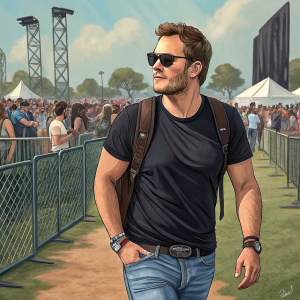 Chris Pratt, actor, in casual attire. Wearing a black t-shirt, blue jeans, and sunglasses. Surrounded by a bustling crowd and tall fences at an outdoor festival.