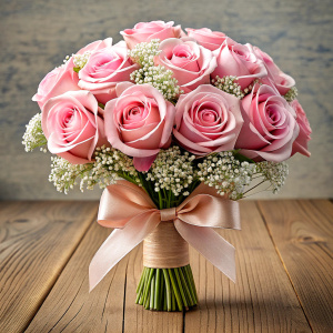 ultra realistic bouquet of roses with baby'sbreath tied with a bow