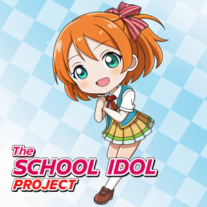 Promotional image for the School Idol Project. Cute girl with orange hair, cheerful expression. Checkered background, official website logo at bottom.
