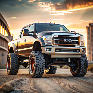 ford f250, king ranch, lifted, oversized wheels, very detailed deep dish rims, long arm suspension, cinematic country street background
