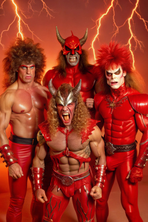 muscular men. 80s metal band with monster costumes. black background with lightning