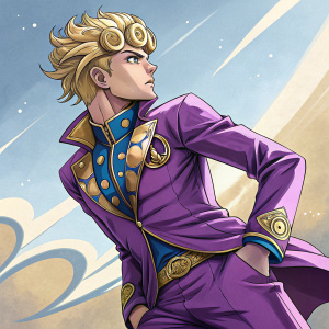 Giorno Giovanna, protagonist from JoJo's Bizarre Adventure. Wearing a vivid purple suit with gold and blue highlights. Rendered in a dynamic digital art style with bold outlines and radiant hues.