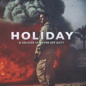 Akshay Kumar starring in 'Holiday: A Soldier Is Never Off Duty'. Movie poster featuring him in camouflage attire, standing amidst an intense, fiery explosion backdrop.