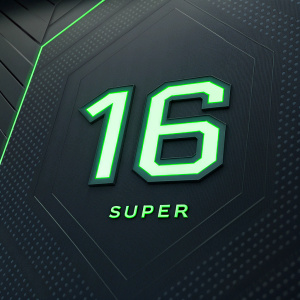 Modern digital branding for a sports website. Dark background, subtle angular texture, glowing green '16' and 'SUPER' prominently displayed.
