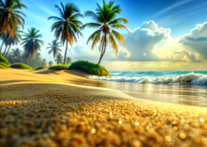 The shore of the sea is a sunny view near the beach On the background of a wave.Below there is sand with grains of sand on the edge of palm trees or flowers