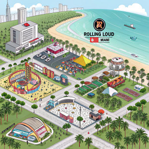 Digital illustration of Rolling Loud festival map. Various stages and booths scattered across the festival grounds in Miami. Sponsors and partnerships prominently displayed