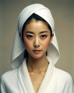 1girl, wearing a white open bathrobe, Clara Lee Sung-min's perfect body proportions, 20-year-old Korean actress, head towel, top quality, masterpiece, (fidelity: 1.2), 1, brown hair, brown eyes, front, exquisite Face, beautiful eyes left blank, collarbone, looking at the audience, rough waves, beautiful and perfect body, (simple white background: 1.2), (panorama: 1.3), in a white room, beautiful and mature, wide-angle lens, grinning Smile, deep groove, deep shadow, John Rankin Waddell, <lora:kor