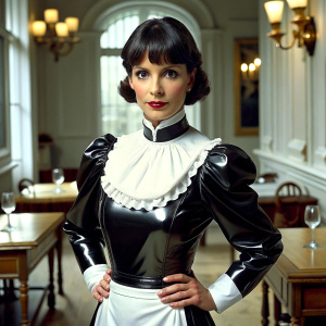 40 yo attractive fringe haircut brunette in Victorian french maid black pvc uniform with long sleeves and white apron. extremely narrow waist, broad hips and massive pushed up bosom. dark red lipstick. Room view in George V hotel restaurant
