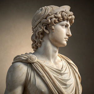 Realistic digital illustration of a marble statue of Antinous, ancient greek youth, standing pose, serene expression
