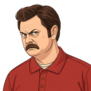 Digital illustration of Ron Swanson from Parks and Recreation. Wears red polo shirt. Has angry, intense expression, furrowed brows, prominent nose, and mustache.