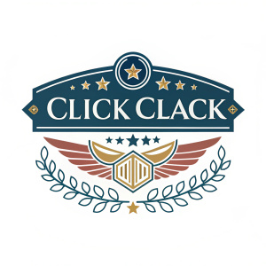 Digital artwork of Click Clack logo. Elegant design, bold font, decorative elements. Italian phrase prominently displayed. White background.