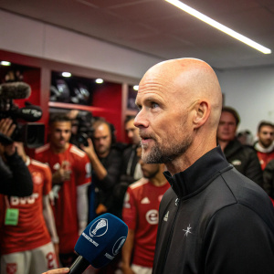 Erik Ten Hag, head coach, addressing the press in a bustling locker room. Intense expression.
