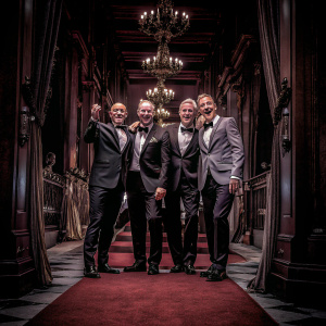 Patrick Stewart, James McAvoy, Sir Ian McKellen, and Michael Fassbender attending a star-studded gala. Lavish ballroom with chandeliers and red carpet