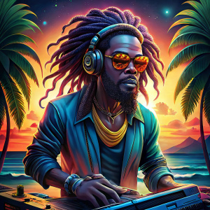 black cartoon rasta dj on tropical beach. bobble-head style figure smiling with big features, SUNGLASSES RELECTIVE, orange gold . with dreadlocks, realistic, HUMAN LIKE moonlight, playing music on dj decks. ultra detailed, vivid colours , woodcut Lino style shading