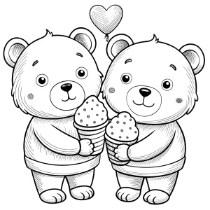 black and white line art, cute lovers bears whit ice cream, black and white only, vector style, for coloring book page