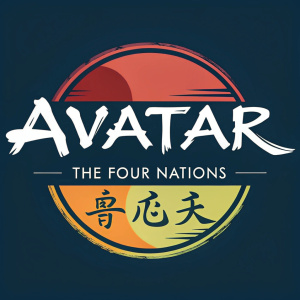 Illustration for 'Avatar: The Four Nations'. Modern logo design with central title in a blend of Chinese characters and English text, using a vibrant color scheme.