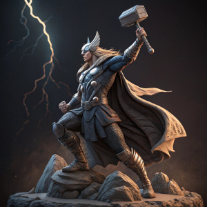 Digital rendering of a Thor statue. Dynamic pose, holding raised hammer. Dark background, intricate rock-like formations on base.