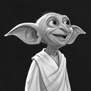 A goblin-like character resembling Dobby from Harry Potter series. Wearing simple white robe. Empty, black backdrop