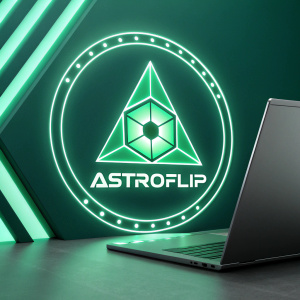 Modern tech logo for Astroflip. Futuristic design, featuring green geometric shapes. Digital illustration.