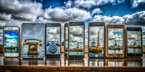 crear una imagen de varios teléfonos antiguos y celulares modernos, fondo de telefonía digital