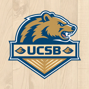 Logo design featuring University of California Santa Barbara's mascot and acronym. Modern style with wood texture and Gaucho logo accents.