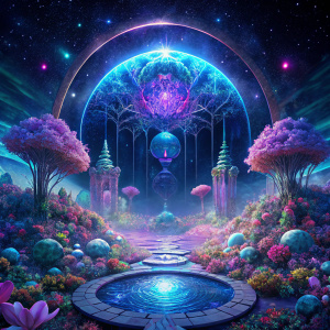 Craft a digital backdrop of a celestial garden floating in the void of space.