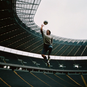 Robert Lewandowski, Polish football star, mid-jump in a stadium. Crowds cheering in the background.