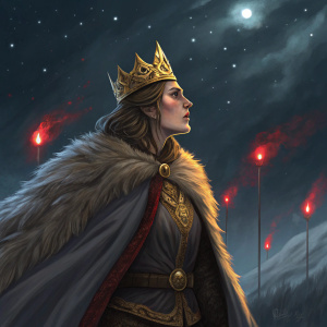 Digital painting: Mara, a majestic figure from Slavic folklore. Crowned in gold and adorned with a fur-lined cloak, she stands with a fierce expression against a dark, starry sky, illuminated by ghostly red lights. Fantasy artwork highlighting her mythical origins and regal demeanor.