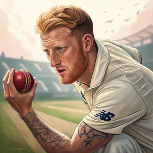 Ben Stokes, intense focus on cricket ball. Wearing cricket whites, tattoo visible on arm. Cricket field blurred background