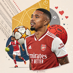 Digital art piece featuring Gabriel Jesus, soccer star for Arsenal FC. Red jersey with vibrant colors. Collage style with sport elements.
