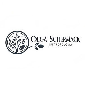 A minimalist logo for Olga Schermack Nutróloga. A stylized seed graphic combined with clear text. Clean design in monochrome, contrasting sharply against a white background.