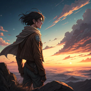 Eren Yeager from Attack on Titan standing alone on a cliff. Dark hair flowing in the wind. Sunset background