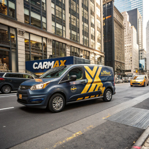 A sleek, modern carmax van parked on a busy city street. Covered in vibrant, eye-catching carmax branding and logos.