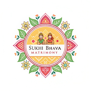 Modern logo design for Sukhi Bhava Matrimony. Bright and vibrant colors, traditional Indian elements, elegant style