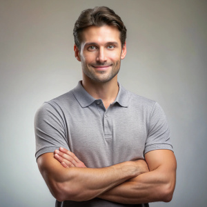 hombre con una camisa polo gris, con los brazos cruzados 