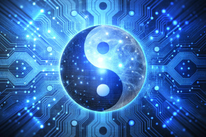 A yin-yang symbol merging with binary code, embodying the balance achieved between humans and AI.
