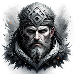 walhalla, viking warrior,  runics face, black work, white backrounds