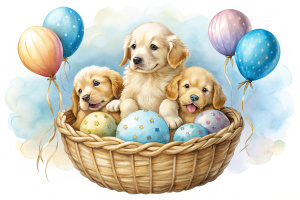 on a white background. Basket with newborn Golden Retriever puppies with bows. Inflatable balloons are flying around.