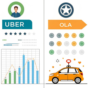 Infographic comparing Uber and Ola cabs in India. Includes SWOT analysis for both companies