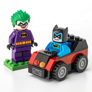 A box featuring LEGO DC Super Heroes Mighty Micros. Nightwing and Joker characters, alongside a detailed vehicle, dominate the front. The design is vibrant and true to the LEGO brand.