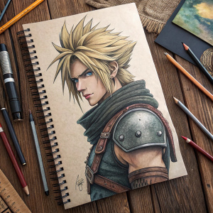 An illustration of Cloud Strife from Final Fantasy VII, sketched on a drawing pad. Laid on a rustic wooden desk. Assorted pencils scattered around