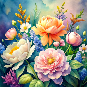 watercolor image ,Pink white Peonies Snowdrops, lobelia, canna,salvia , carnation, Common Crape Myrtle., Ranunculus viburnum, wax flower, dandelion, geranium , watercolor , watercolor , artichoke ,aster,pansy,poppy ,lavender,anemone ,oleander , succulent