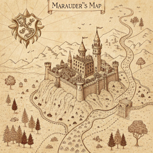 A hand-drawn illustration of the Marauder's Map. Created with a vintage sepia tone.