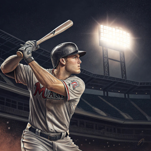 J.T. Realmuto, baseball player, in intense batting stance. Background: empty stadium, night game, spotlight illuminating him