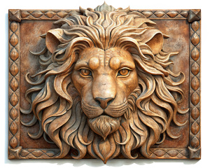full view hi quality bas-relief on a completely white wall with a stone material in the form of a  lion, without all shadows, without mustache