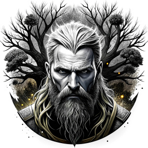 Wikinger mit zwei Gesichtern baum yggdrasil – and weapons high-definition design grey and black, realistic tattoo design, white background