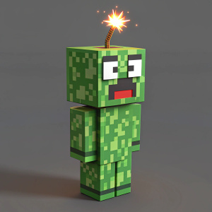 Pixel art of Minecraft Creeper. Figure with green blocky body, white eyes, and lit fuse on head.